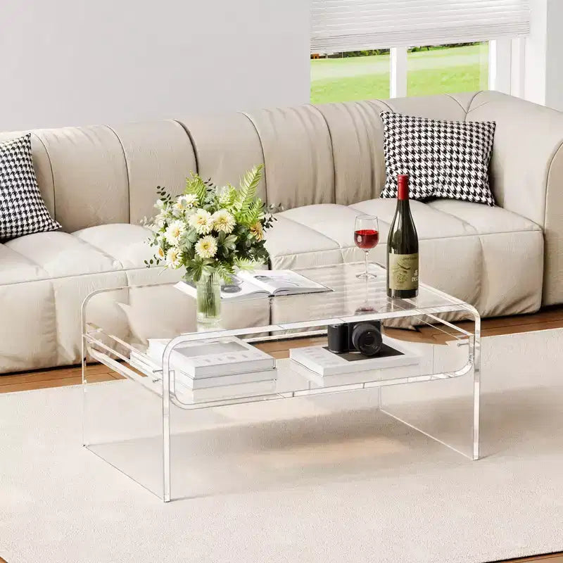 Mesa de Centro Acrílica de 2 Niveles con Estante de Almacenamiento, Escritorio de Café Moderno Rectangular Transparente, 50 x 80 x 38 cm