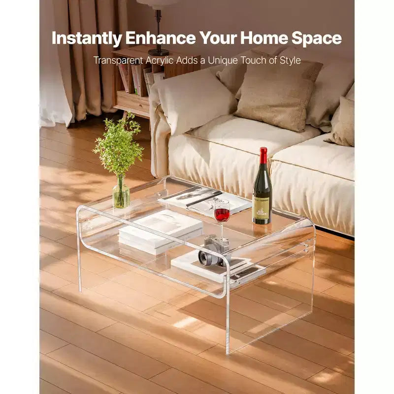 Mesa de Centro Acrílica de 2 Niveles con Estante de Almacenamiento, Escritorio de Café Moderno Rectangular Transparente, 50 x 80 x 38 cm