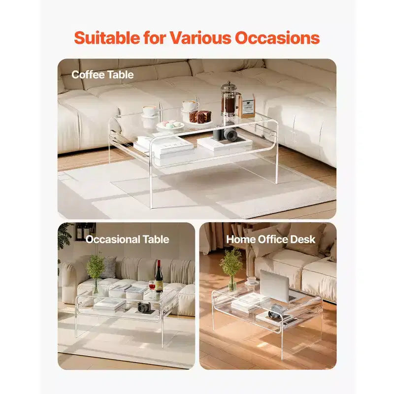 Mesa de Centro Acrílica de 2 Niveles con Estante de Almacenamiento, Escritorio de Café Moderno Rectangular Transparente, 50 x 80 x 38 cm