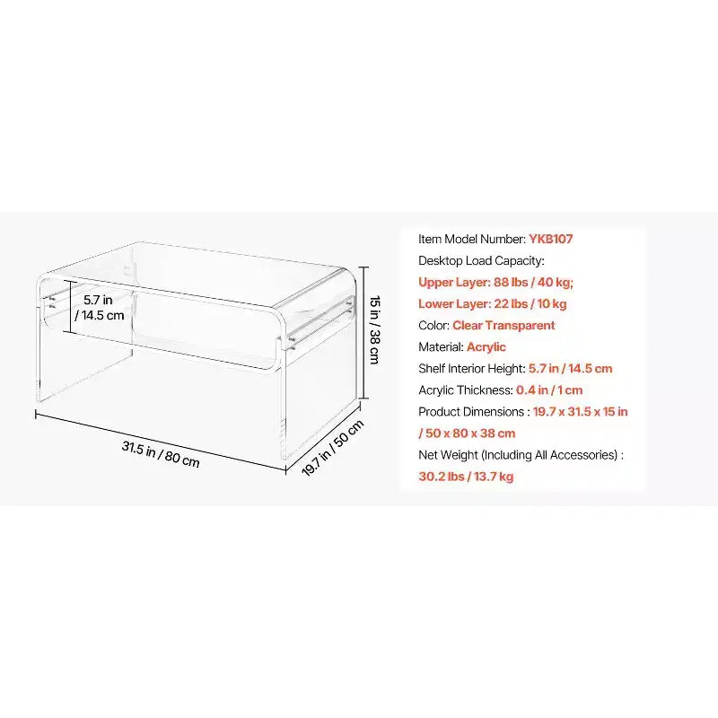 Mesa de Centro Acrílica de 2 Niveles con Estante de Almacenamiento, Escritorio de Café Moderno Rectangular Transparente, 50 x 80 x 38 cm