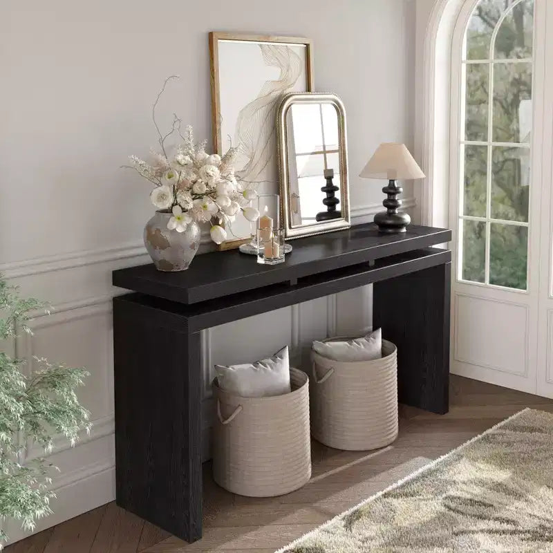 Mesa consola rústica de 60" - Mesa de entrada de madera retro con diseño de suspensión de doble tablero, mesa de sofá para sala de estar