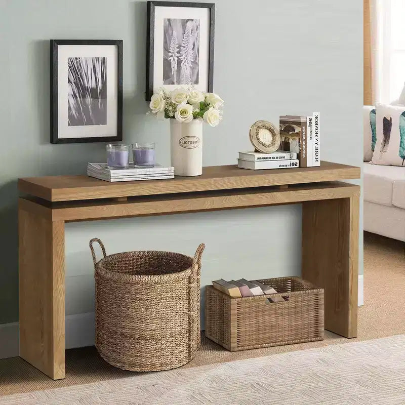 Mesa consola rústica de 60" - Mesa de entrada de madera retro con diseño de suspensión de doble tablero, mesa de sofá para sala de estar
