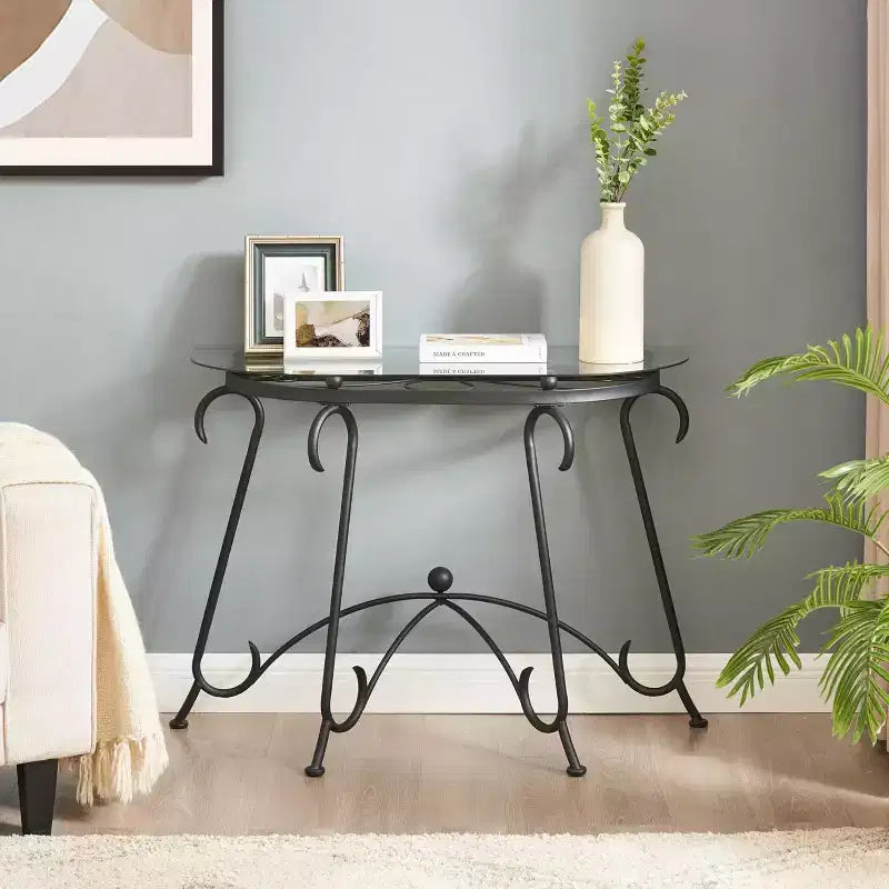 Tempered Glass Coffee Table with Metal Legs, Rustic Design Sofa Table, Sturdy Console Table for Home, Office, and Living Room.