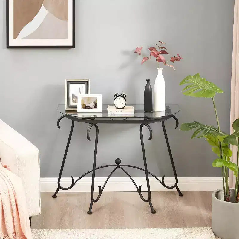 Mesa de Centro de Cristal Templado con Patas Metálicas, Mesa Auxiliar de Diseño Rústico, Mesa Consola Robusta para el Hogar, la Oficina y la Sala de Estar.