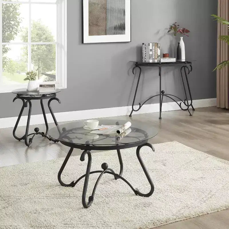 Mesa de Centro de Cristal Templado con Patas Metálicas, Mesa Auxiliar de Diseño Rústico, Mesa Consola Robusta para el Hogar, la Oficina y la Sala de Estar.