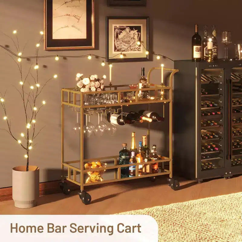 Carro de bar con ruedas de 2 niveles para el hogar, carrito pequeño de licor con estantes de espejo, botelleros y soporte para copas, compacto para comedor, fiesta