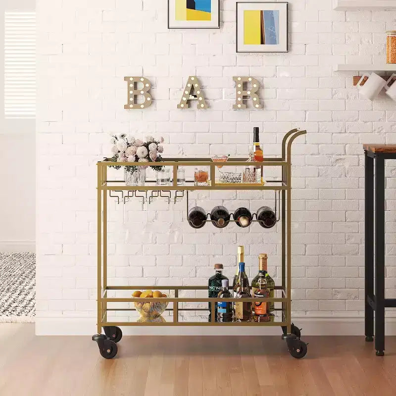 Carro de bar con ruedas de 2 niveles para el hogar, carrito pequeño de licor con estantes de espejo, botelleros y soporte para copas, compacto para comedor, fiesta