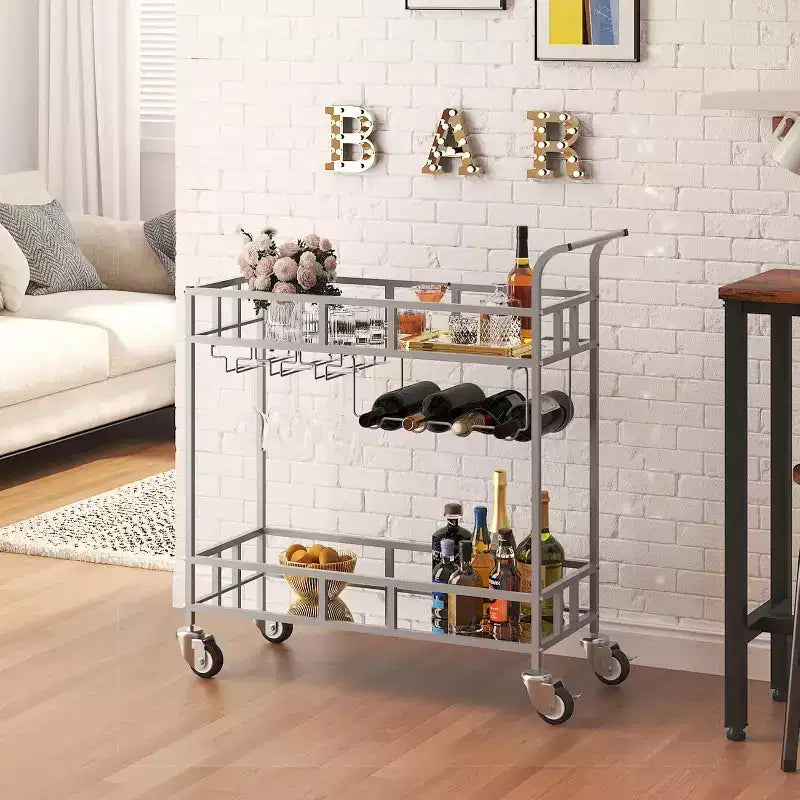 Carro de bar con ruedas de 2 niveles para el hogar, carrito pequeño de licor con estantes de espejo, botelleros y soporte para copas, compacto para comedor, fiesta