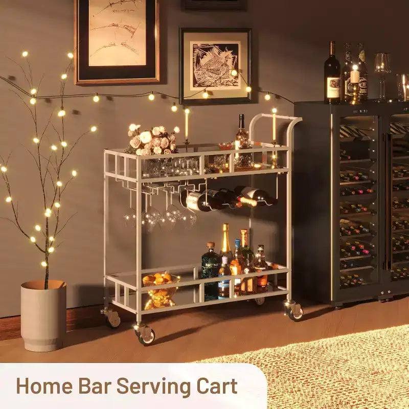 Carro de bar con ruedas de 2 niveles para el hogar, carrito pequeño de licor con estantes de espejo, botelleros y soporte para copas, compacto para comedor, fiesta