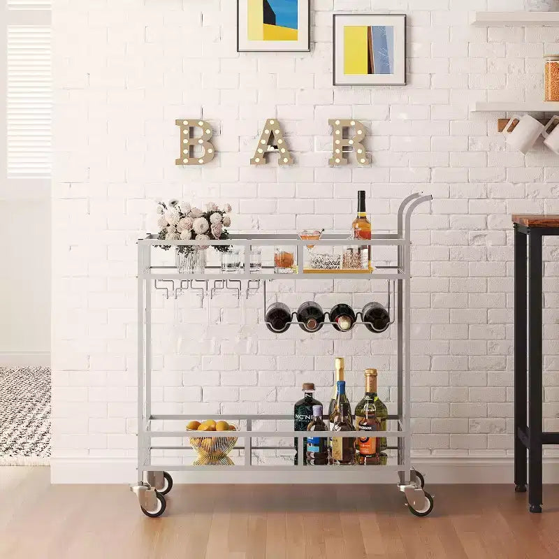 Carro de bar con ruedas de 2 niveles para el hogar, carrito pequeño de licor con estantes de espejo, botelleros y soporte para copas, compacto para comedor, fiesta
