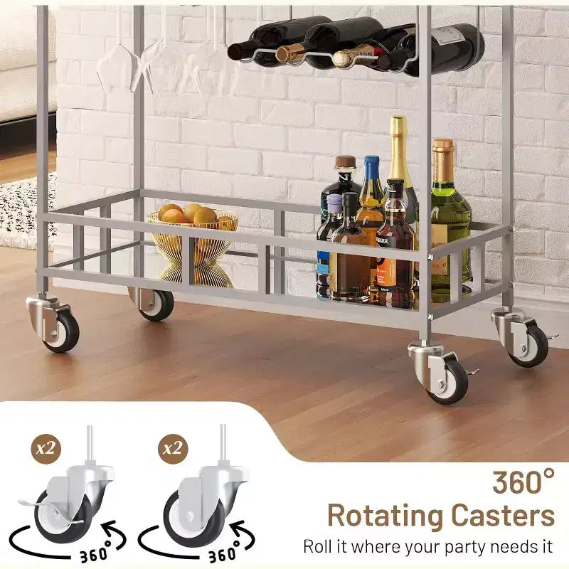 Carro de bar con ruedas de 2 niveles para el hogar, carrito pequeño de licor con estantes de espejo, botelleros y soporte para copas, compacto para comedor, fiesta