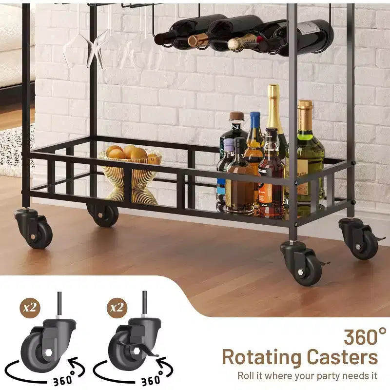 Carro de bar con ruedas de 2 niveles para el hogar, carrito pequeño de licor con estantes de espejo, botelleros y soporte para copas, compacto para comedor, fiesta