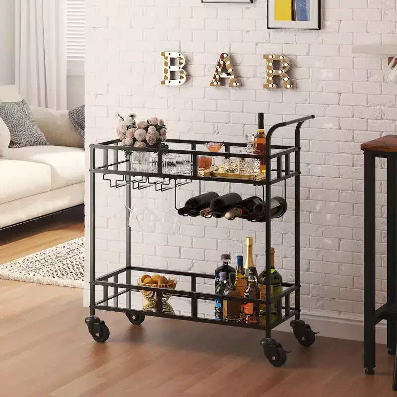 Carro de bar con ruedas de 2 niveles para el hogar, carrito pequeño de licor con estantes de espejo, botelleros y soporte para copas, compacto para comedor, fiesta