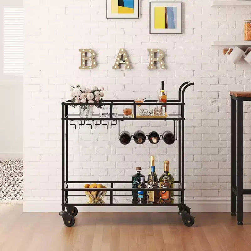 Carro de bar con ruedas de 2 niveles para el hogar, carrito pequeño de licor con estantes de espejo, botelleros y soporte para copas, compacto para comedor, fiesta