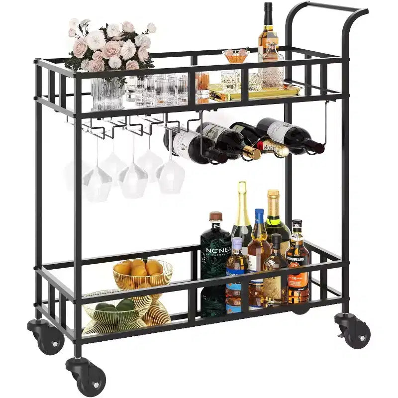 2 Tier Rolling Wine Bar Cart for Home, Small Alcohol Liquor Cart with Mirrored Shelves, Wine Racks & Glass Holder, Compact for Dining Room,Party