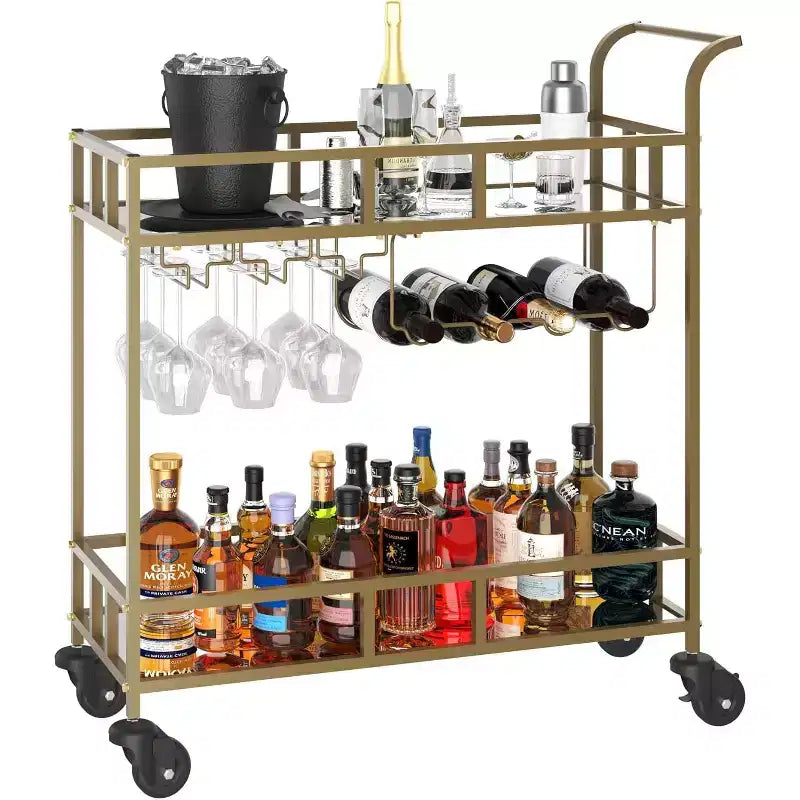 Carro de bar con ruedas de 2 niveles para el hogar, carrito pequeño de licor con estantes de espejo, botelleros y soporte para copas, compacto para comedor, fiesta