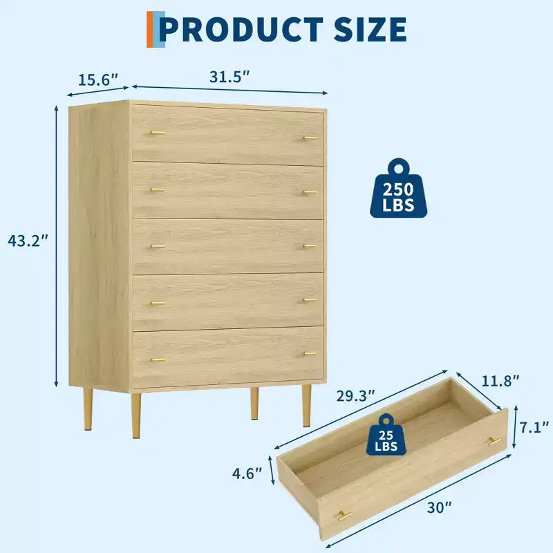 Cómoda de granja de 5 cajones para dormitorio, cómoda alta de madera rústica de 111,76 cm con cajones grandes y tiradores de barra para sala de estar