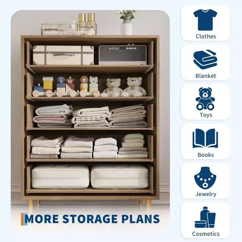 Cómoda de granja de 5 cajones para dormitorio, cómoda alta de madera rústica de 111,76 cm con cajones grandes y tiradores de barra para sala de estar