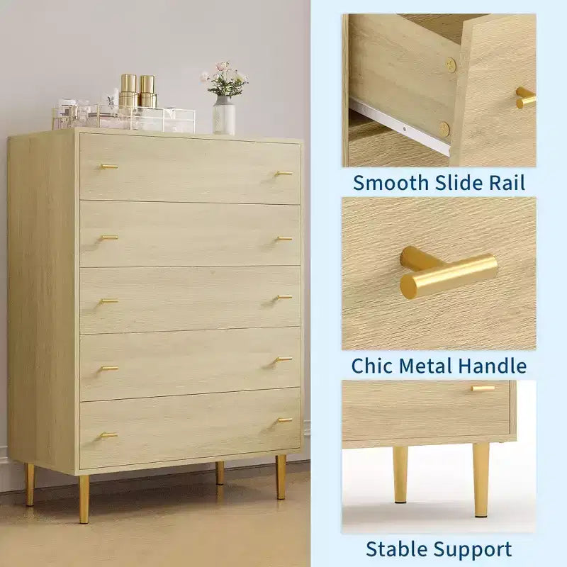 Cómoda de granja de 5 cajones para dormitorio, cómoda alta de madera rústica de 111,76 cm con cajones grandes y tiradores de barra para sala de estar