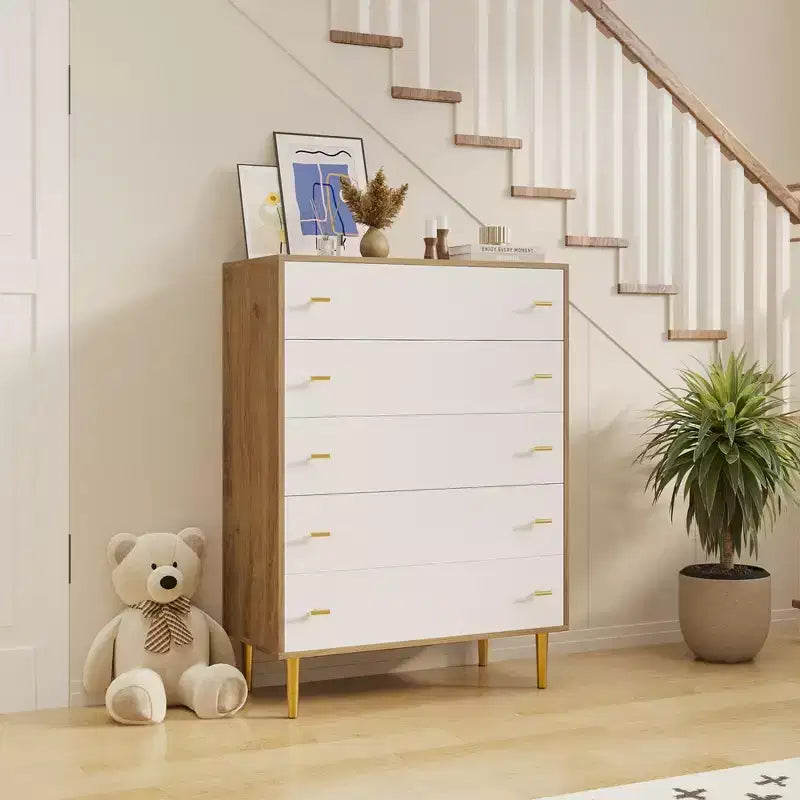Cómoda de granja de 5 cajones para dormitorio, cómoda alta de madera rústica de 111,76 cm con cajones grandes y tiradores de barra para sala de estar