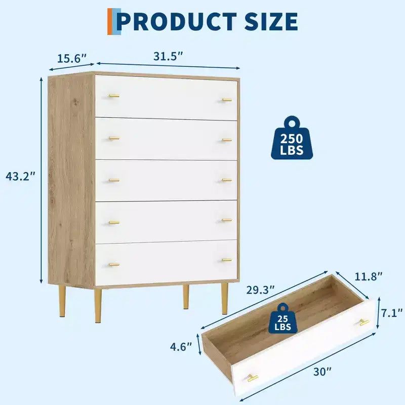 Cómoda de granja de 5 cajones para dormitorio, cómoda alta de madera rústica de 111,76 cm con cajones grandes y tiradores de barra para sala de estar