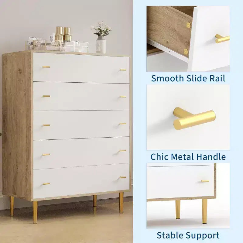 Cómoda de granja de 5 cajones para dormitorio, cómoda alta de madera rústica de 111,76 cm con cajones grandes y tiradores de barra para sala de estar