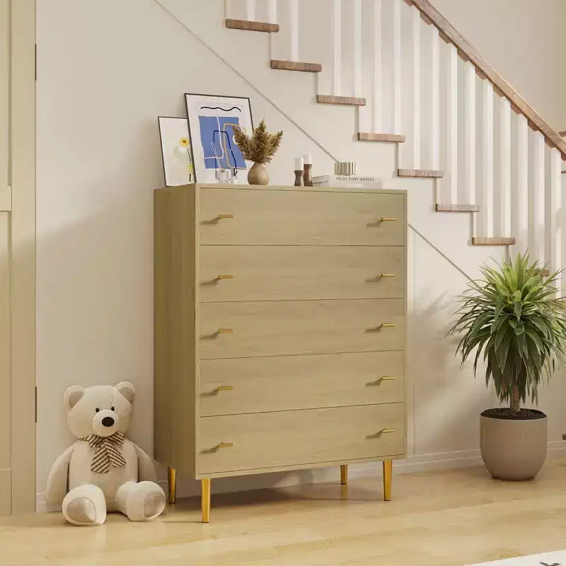 Cómoda de granja de 5 cajones para dormitorio, cómoda alta de madera rústica de 111,76 cm con cajones grandes y tiradores de barra para sala de estar