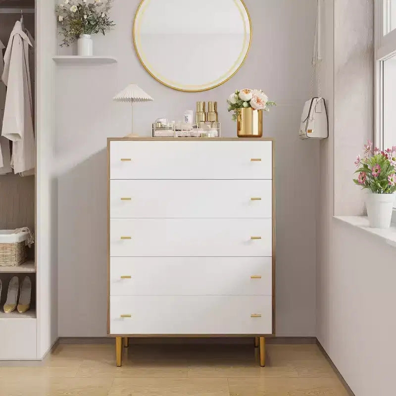 Farmhouse 5 Drawers Dresser for Bedroom, 44 in Tall Dresser Wood Rustic Chest of Drawers with Large Drawers & Bar Handles for Living Room