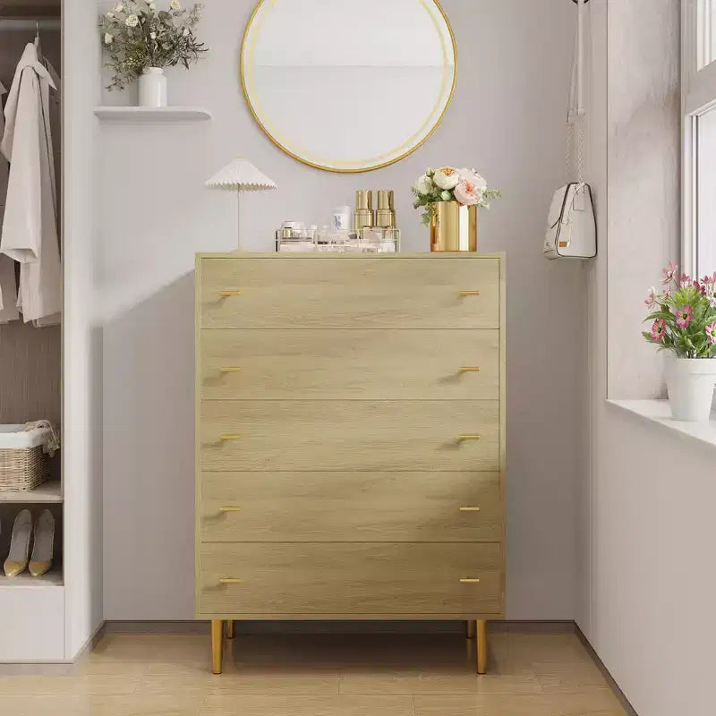 Cómoda de granja de 5 cajones para dormitorio, cómoda alta de madera rústica de 111,76 cm con cajones grandes y tiradores de barra para sala de estar