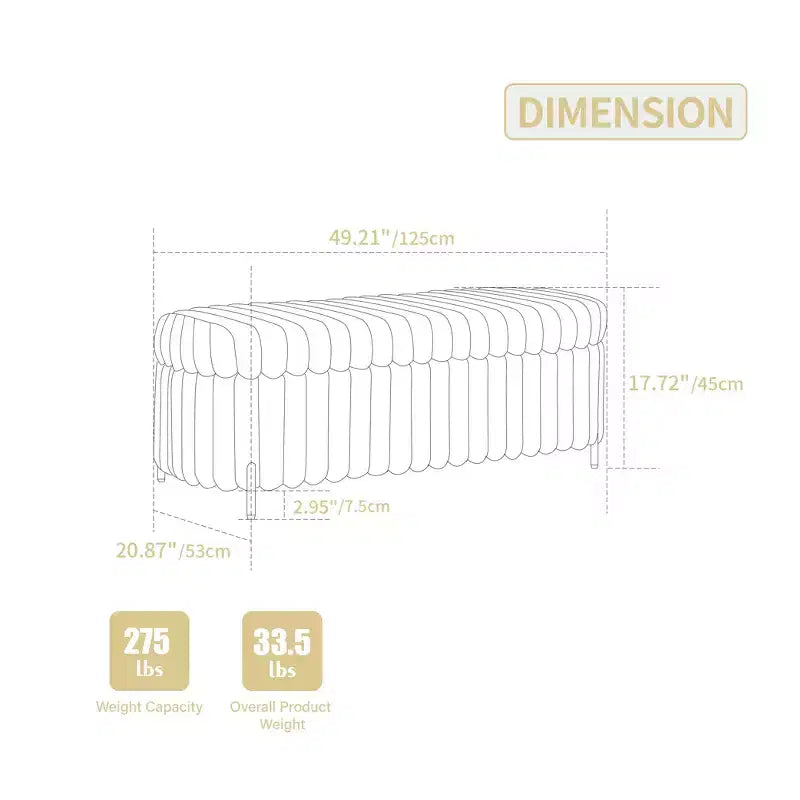 Otomana mullida de 49.2" con patas de metal, banco de piel sintética para pie de cama para sala de estar, banco de entrada redondo y ancho, capacidad de 275 libras