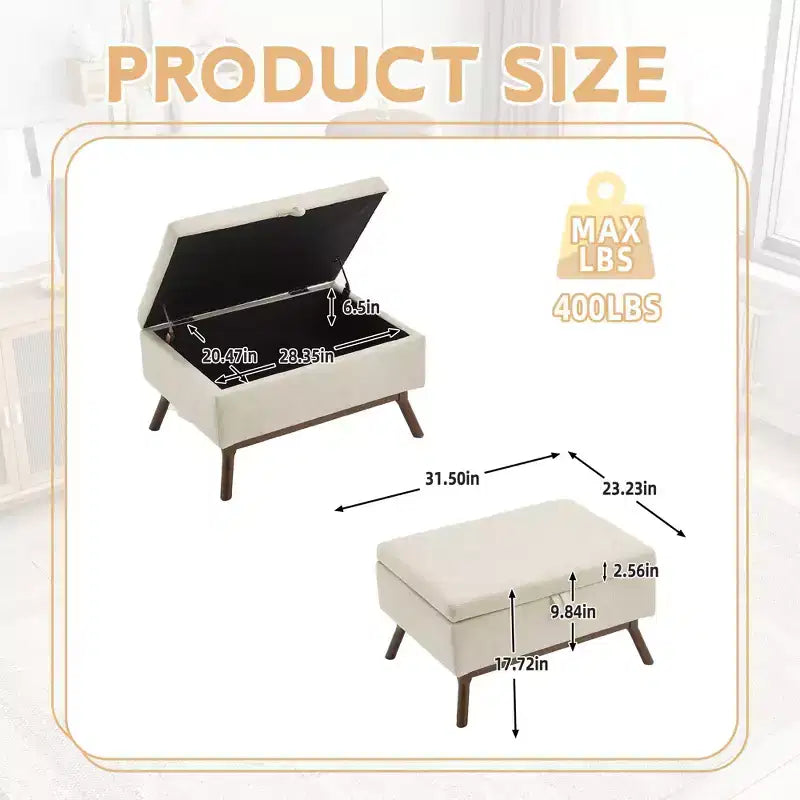 23.2 Otomana de Almacenamiento de Mediados de Siglo para Sala de Estar y Dormitorio, Taburete Versátil, Otomana/Mesa de Centro Suave de Lino, Capacidad 181 kg