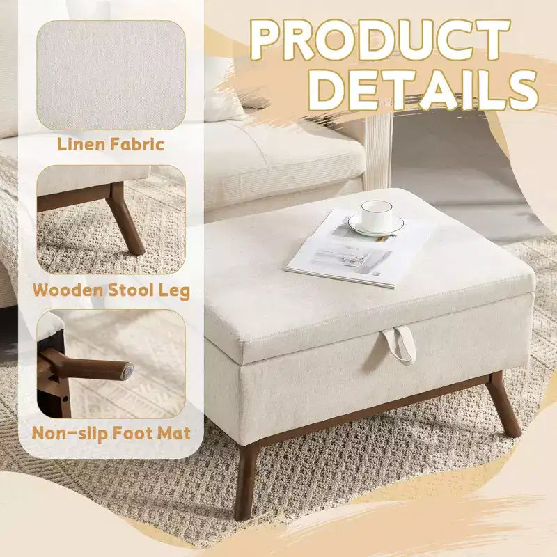 23.2 Otomana de Almacenamiento de Mediados de Siglo para Sala de Estar y Dormitorio, Taburete Versátil, Otomana/Mesa de Centro Suave de Lino, Capacidad 181 kg