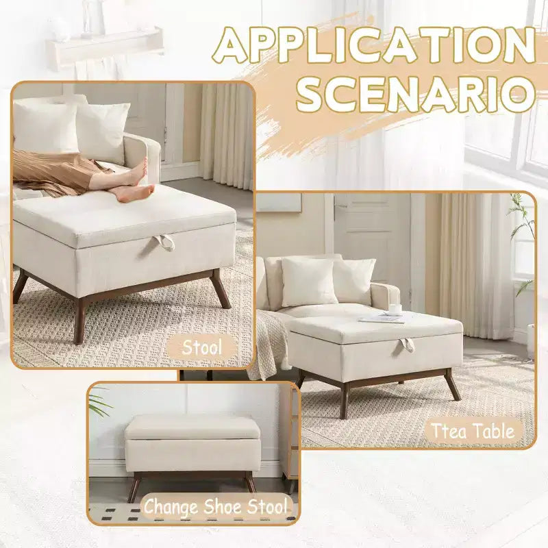 23.2 Otomana de Almacenamiento de Mediados de Siglo para Sala de Estar y Dormitorio, Taburete Versátil, Otomana/Mesa de Centro Suave de Lino, Capacidad 181 kg