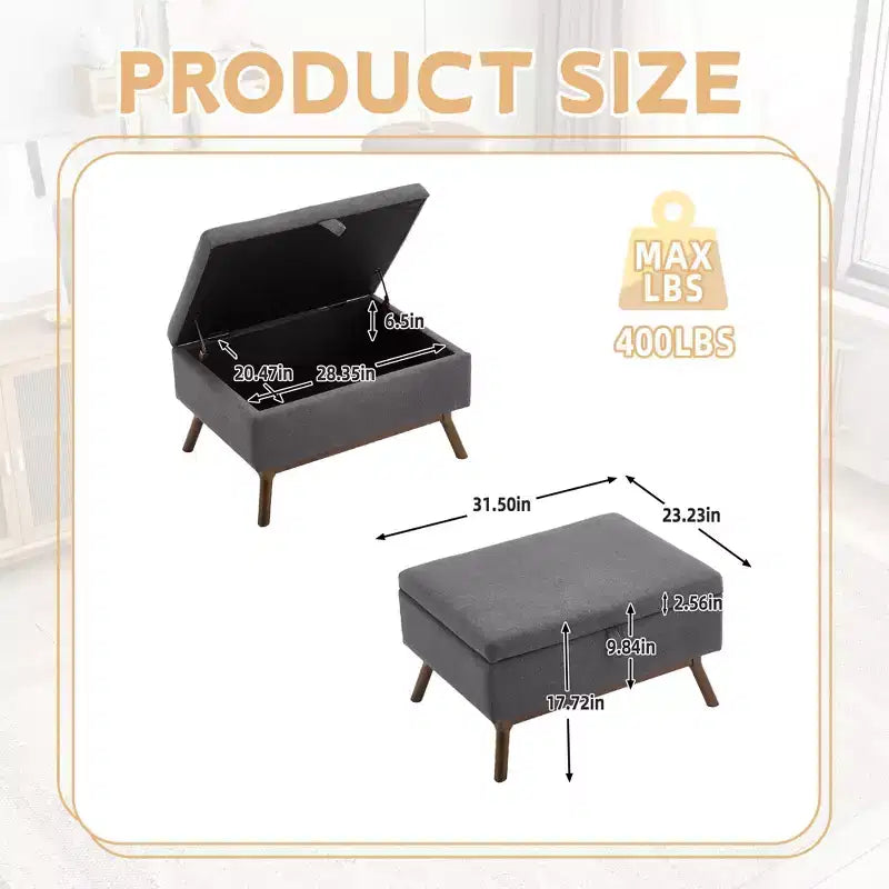 23.2 Otomana de Almacenamiento de Mediados de Siglo para Sala de Estar y Dormitorio, Taburete Versátil, Otomana/Mesa de Centro Suave de Lino, Capacidad 181 kg