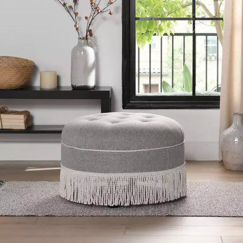TUYOHW 24 Modern Accent Ottoman with Tassel Rope Bullion Fringe,Vintage Footrest Ottoman Stool for Living Room & Bedroom,Gray