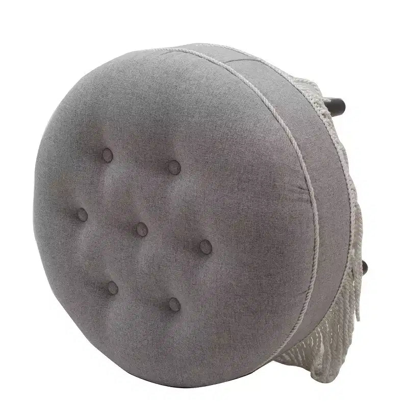 Puf acento redondo vintage de 61 cm con flecos de cuerda con borlas, poliéster gris, estructura de madera