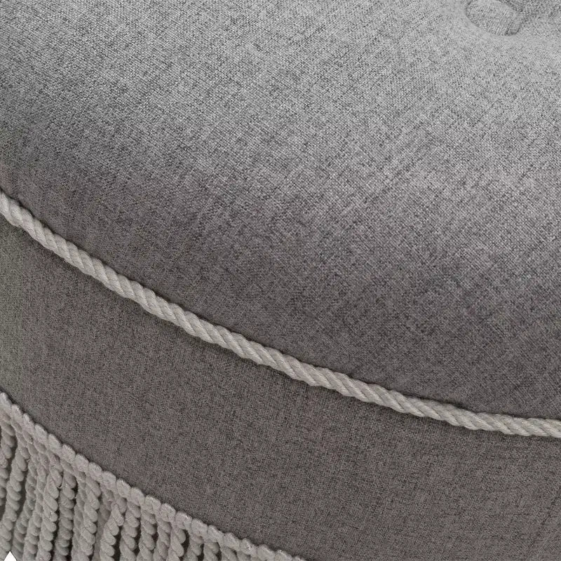 Puf acento redondo vintage de 61 cm con flecos de cuerda con borlas, poliéster gris, estructura de madera