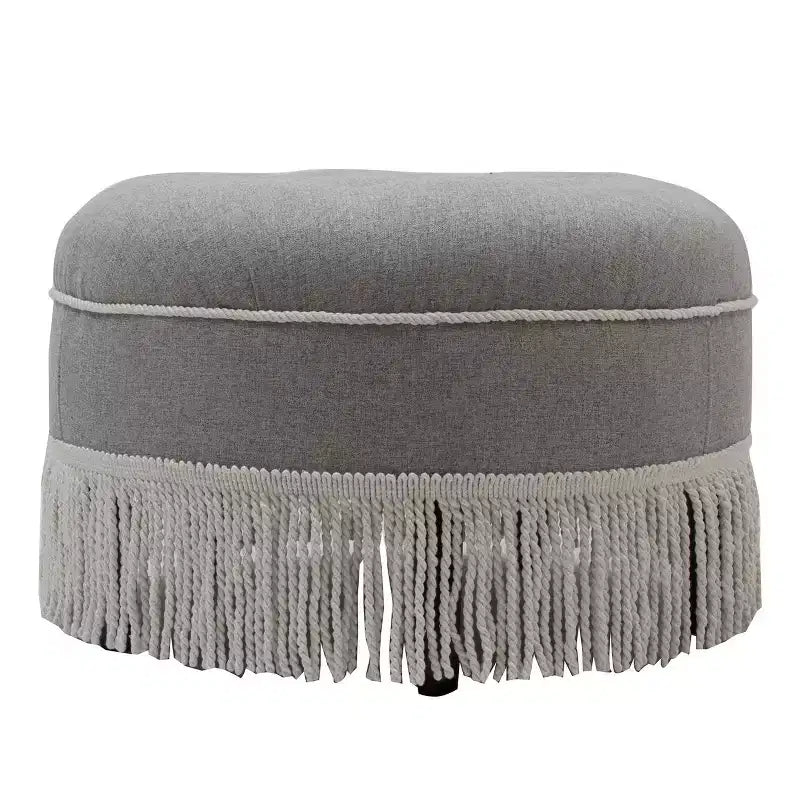 Puf acento redondo vintage de 61 cm con flecos de cuerda con borlas, poliéster gris, estructura de madera