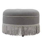Puf acento redondo vintage de 61 cm con flecos de cuerda con borlas, poliéster gris, estructura de madera