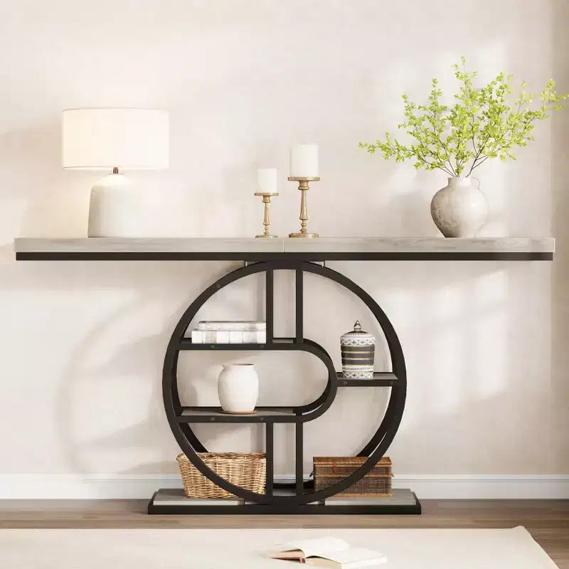 Mesa consola de entrada de 55 pulgadas, mesa de sofá estrecha industrial larga con marco de metal en forma de O, mesa para detrás del sofá para sala de estar, pasillo o entrada