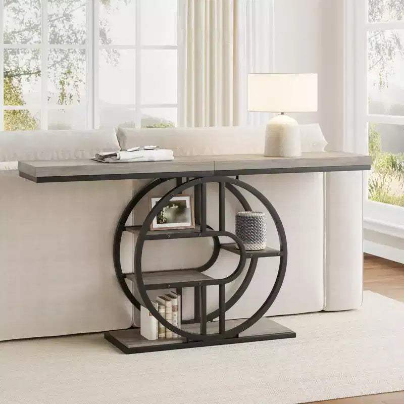 Mesa consola de entrada de 55 pulgadas, mesa de sofá estrecha industrial larga con marco de metal en forma de O, mesa para detrás del sofá para sala de estar, pasillo o entrada