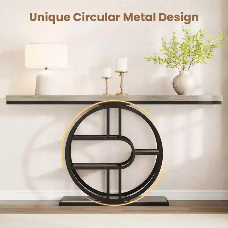 Mesa consola de entrada de 55 pulgadas, mesa de sofá estrecha industrial larga con marco de metal en forma de O, mesa para detrás del sofá para sala de estar, pasillo o entrada
