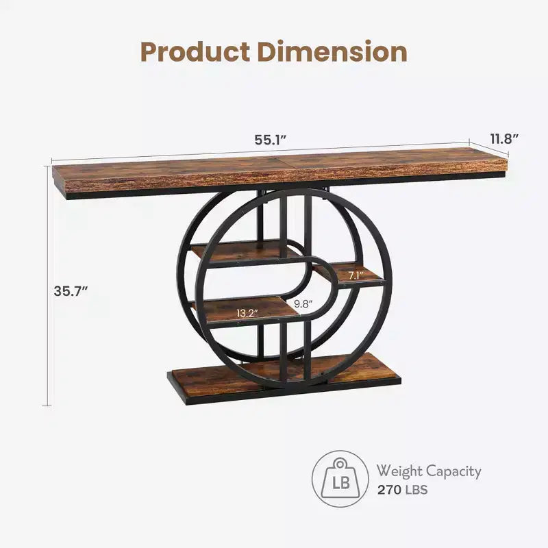 Mesa consola de entrada de 55 pulgadas, mesa de sofá estrecha industrial larga con marco de metal en forma de O, mesa para detrás del sofá para sala de estar, pasillo o entrada