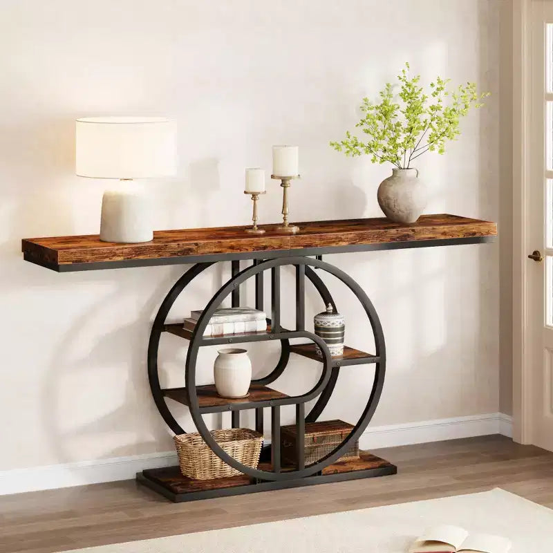 Mesa consola de entrada de 55 pulgadas, mesa de sofá estrecha industrial larga con marco de metal en forma de O, mesa para detrás del sofá para sala de estar, pasillo o entrada