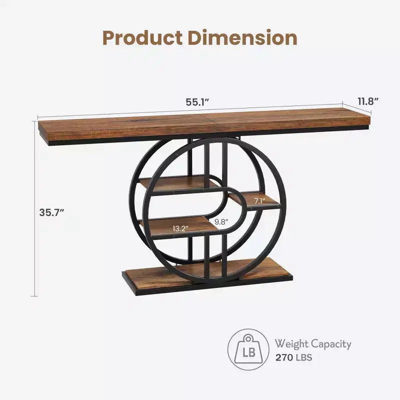 Mesa consola de entrada de 55 pulgadas, mesa de sofá estrecha industrial larga con marco de metal en forma de O, mesa para detrás del sofá para sala de estar, pasillo o entrada