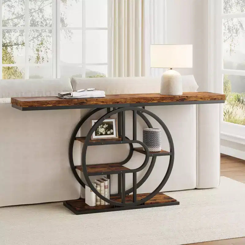 Mesa consola de entrada de 55 pulgadas, mesa de sofá estrecha industrial larga con marco de metal en forma de O, mesa para detrás del sofá para sala de estar, pasillo o entrada