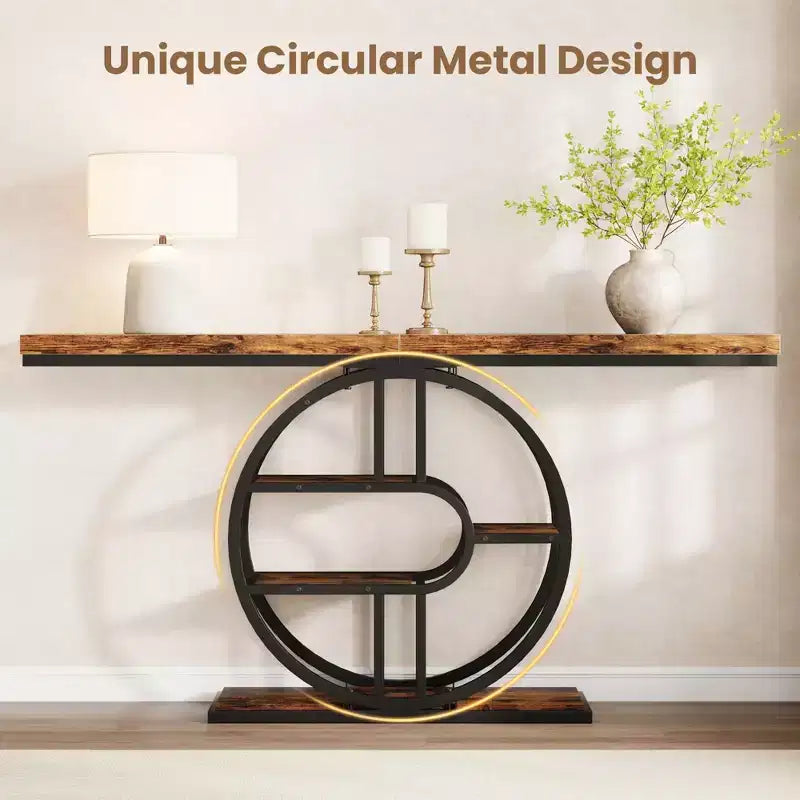 Mesa consola de entrada de 55 pulgadas, mesa de sofá estrecha industrial larga con marco de metal en forma de O, mesa para detrás del sofá para sala de estar, pasillo o entrada
