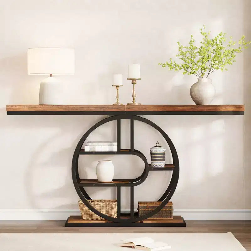 Mesa consola de entrada de 55 pulgadas, mesa de sofá estrecha industrial larga con marco de metal en forma de O, mesa para detrás del sofá para sala de estar, pasillo o entrada