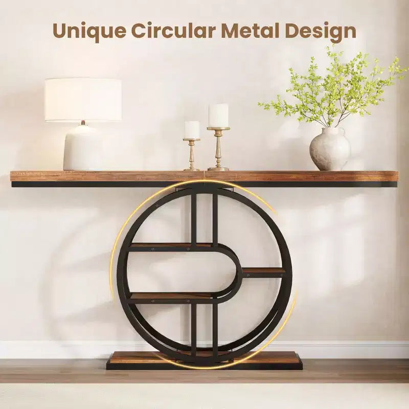 Mesa consola de entrada de 55 pulgadas, mesa de sofá estrecha industrial larga con marco de metal en forma de O, mesa para detrás del sofá para sala de estar, pasillo o entrada