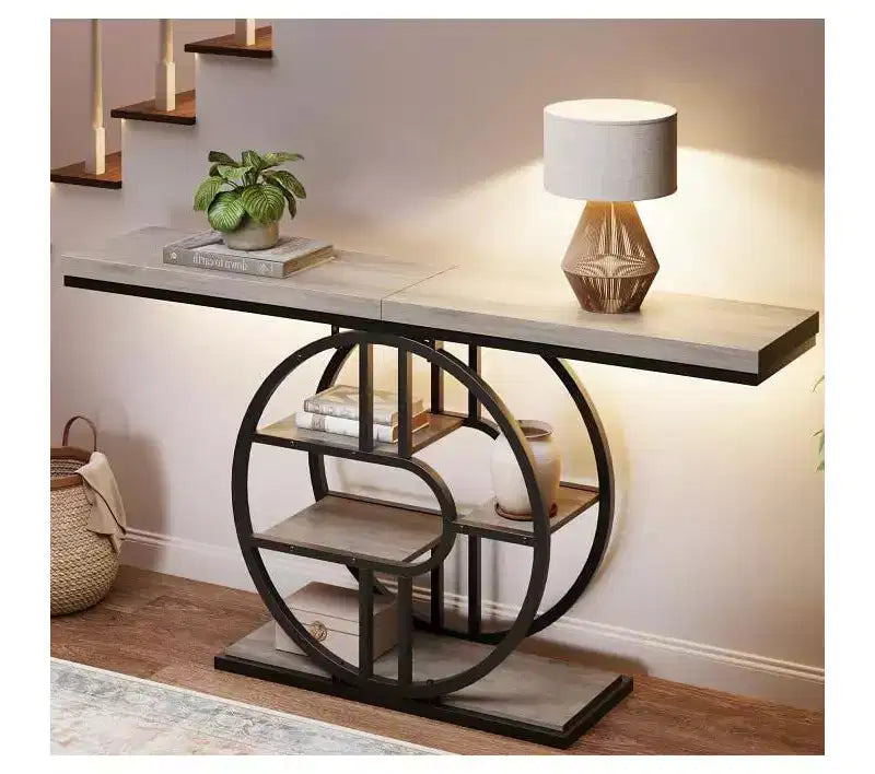 Mesa consola de entrada de 55 pulgadas, mesa de sofá estrecha industrial larga con marco de metal en forma de O, mesa para detrás del sofá para sala de estar, pasillo o entrada